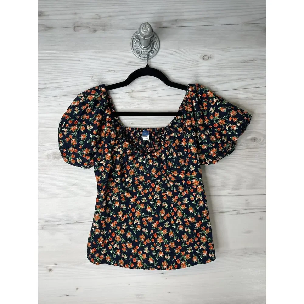 Old Navy Shirt Womens XS Navy Floral SS‎ Vee Trapeze Smocked Puff Sleeve